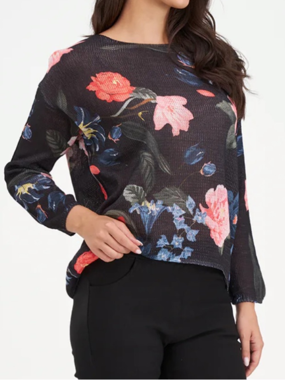 Floral knit Light Weight Sweater - Black with Orange & Blue made in Italy